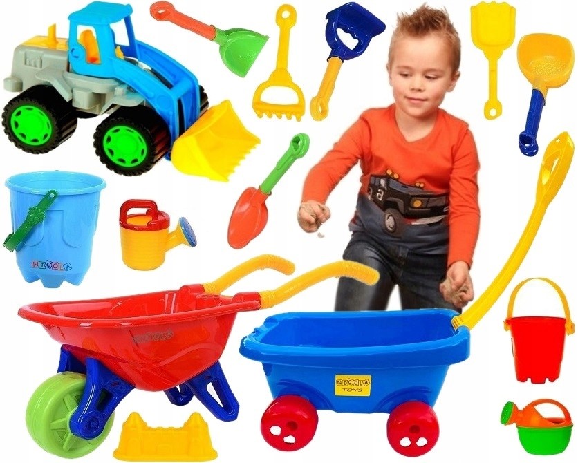 Veľký bager, fúrik, vozík, vedro, krhlica, lopata, hrable, pleseň, sitko